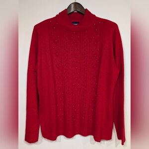 Basic Editions Women's XXL Red Knit Mock Neck Sweater Pearl Beading